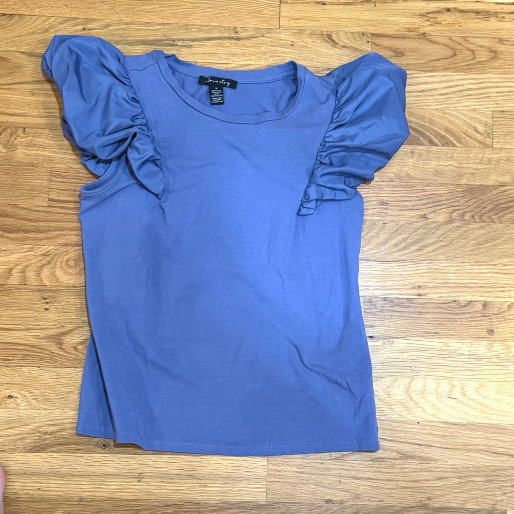 A Love Story Blue Ruffle Puff Sleeve Cotton Blend Knit Top Womens Medium
